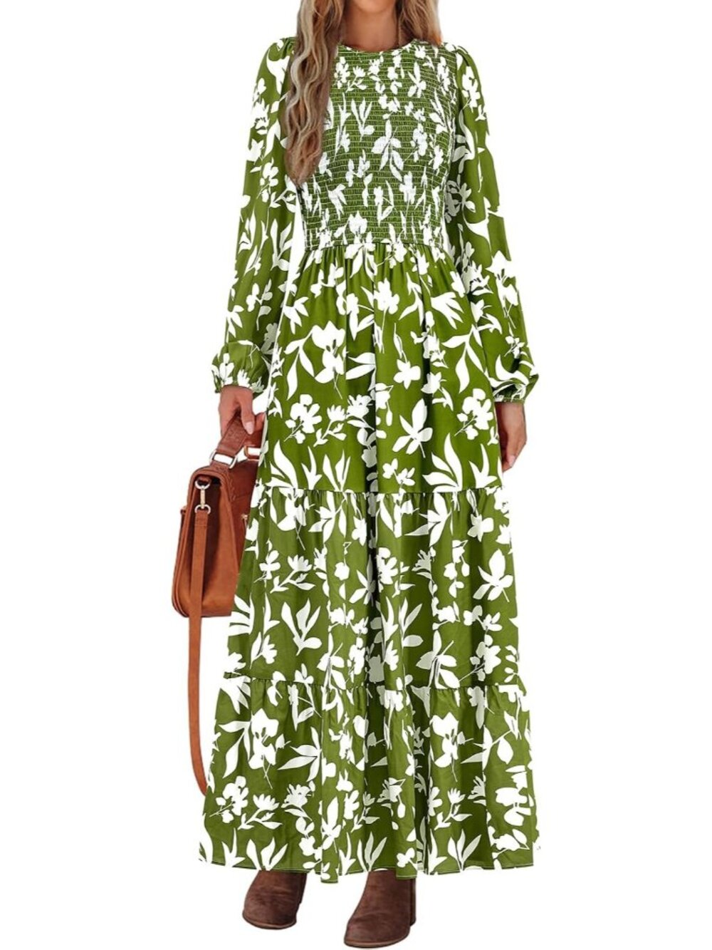 Women's Army Green Trendy Outfits Long Sleeve Floral Boho A Line Maxi Fall Dress